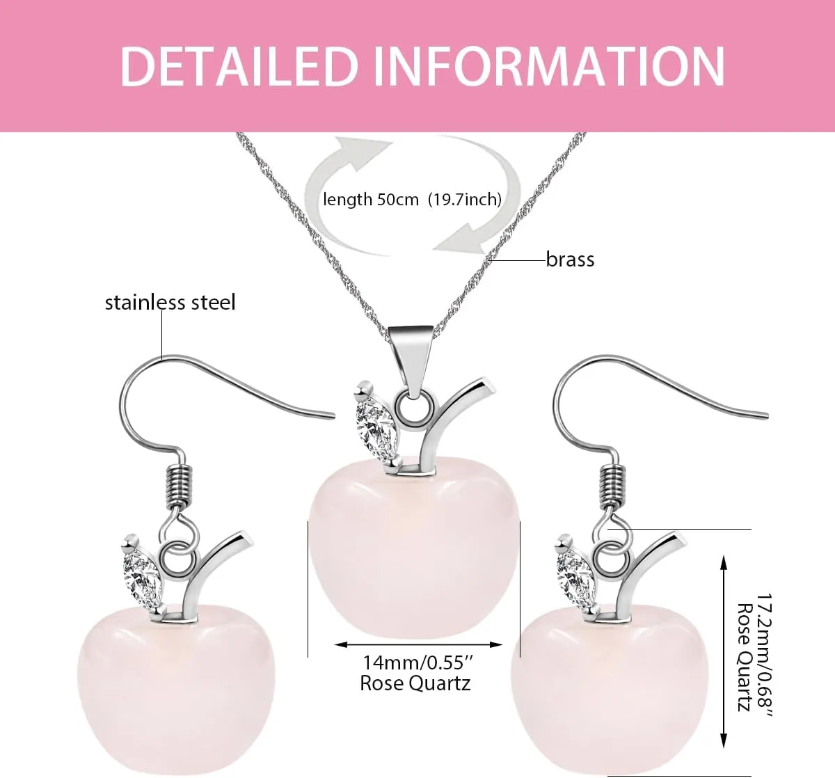 Womens Apple Crystal Necklace and Earrings Set | Natural Crystal Apple Drop Earrings with Zircon Leaf | Brass Chain Christmas Jewelry for Mom Wife Teacher YA4030