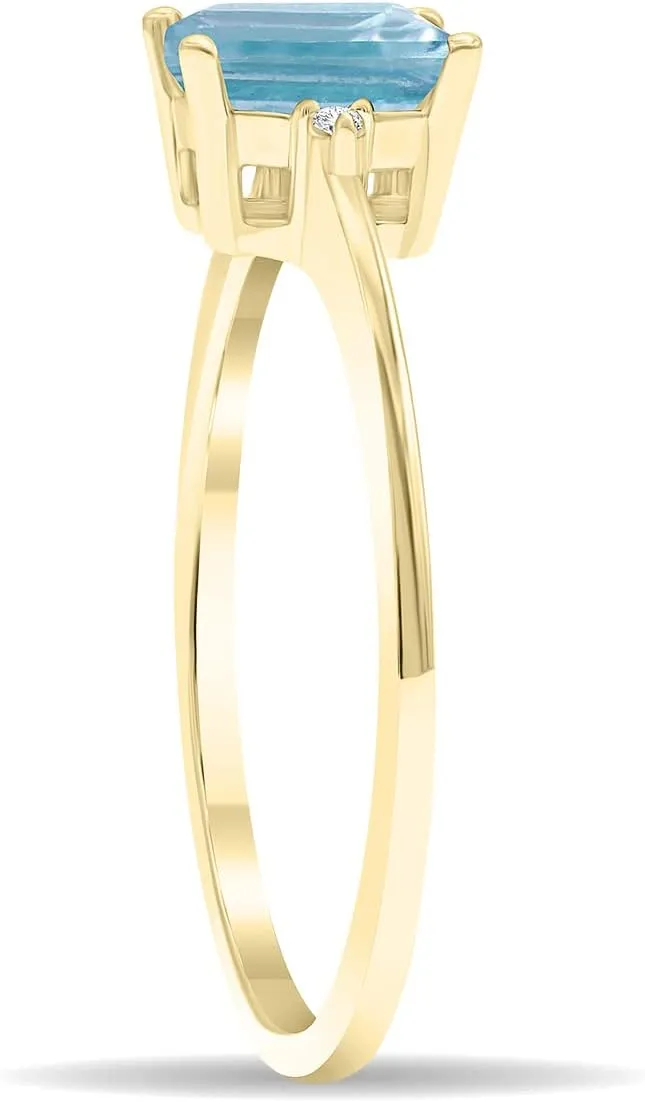 Women's Emerald Cut Aquamarine and Diamond Classic Band in 10K Yellow Gold