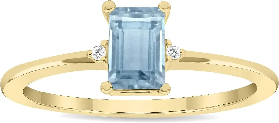Women's Emerald Cut Aquamarine and Diamond Classic Band in 10K Yellow Gold