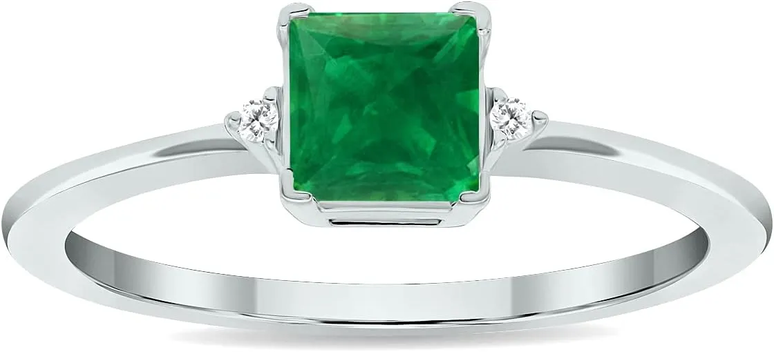 Women's Princess Cut Emerald and Diamond Classic Band in 10K White Gold