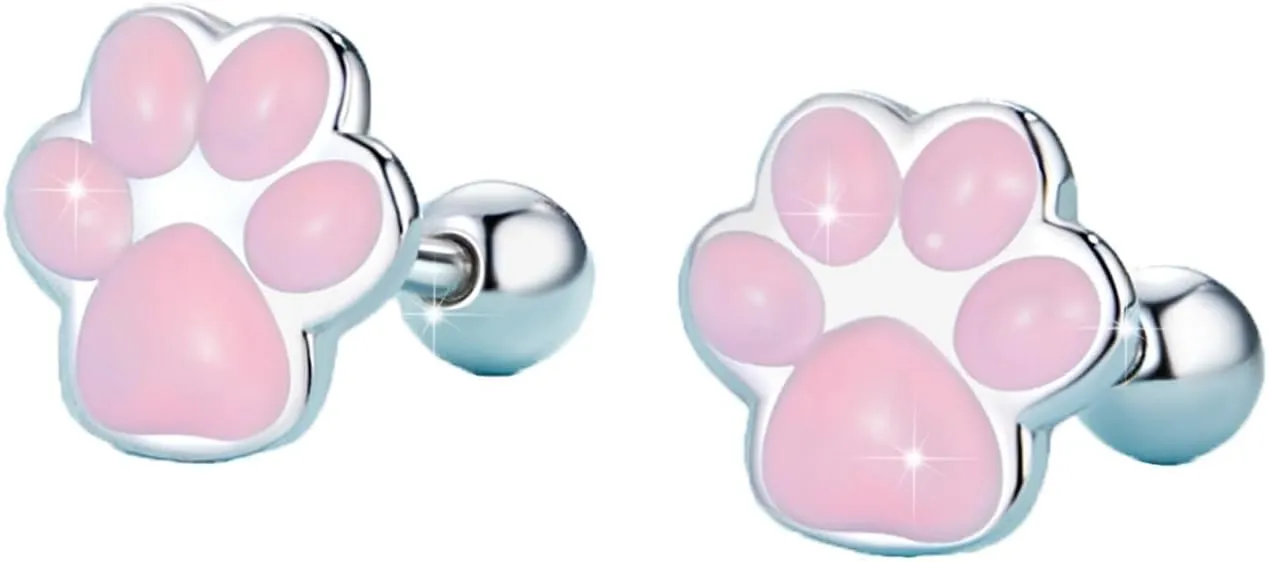 WOSTU Cat Paw Stud Earring for Women S925 Sterling Silver Pet Footprint Earring Hypoallergenic Jewelry Gift for Women Teen Girls Cat Lovers Black Pink