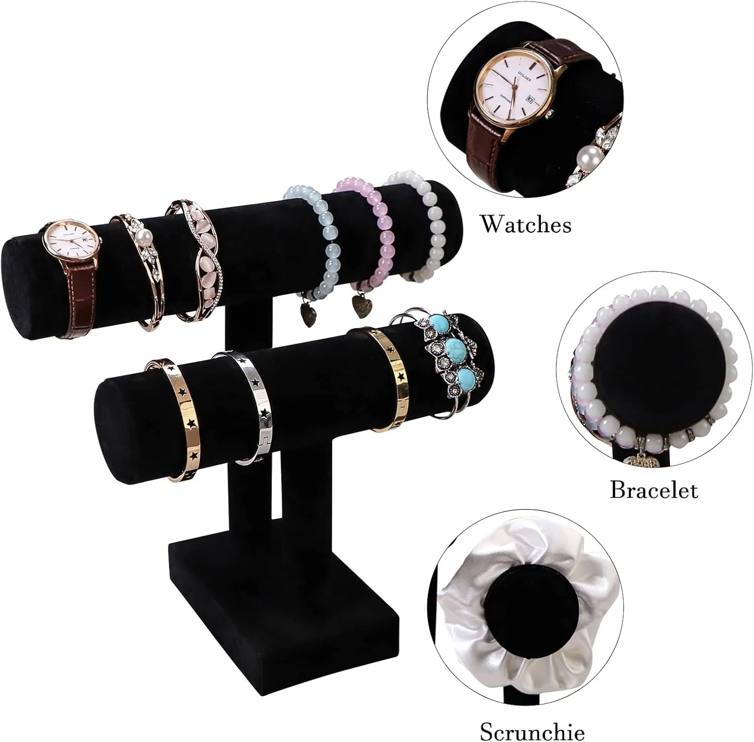 Wudygirl Velvet Bracelet Holder2 Tie Jewelry Stand Jewelry Holder Organizer for Bracelets Watches Necklaces Gift for Girl WomenBlack 2 Tie