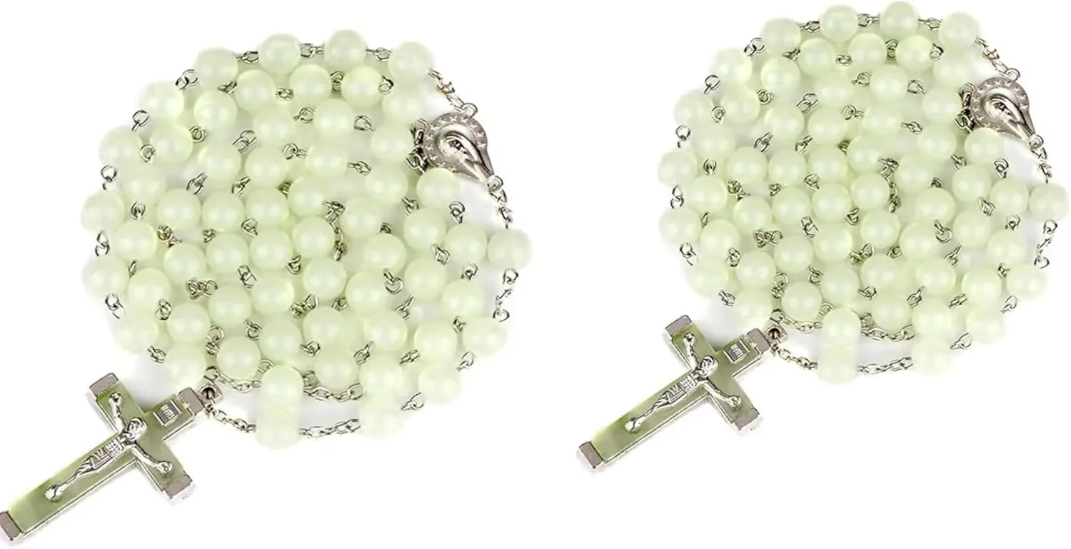 XAM 2Pcs/set Rosary Bead Cross Catholic Necklace Set Catholic Multicolor Rose Necklace Jewelry Religious Jesus Necklaces for Women Men