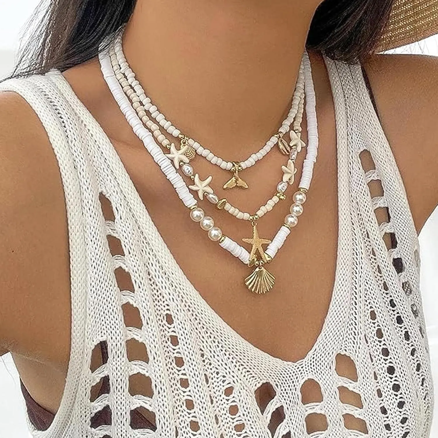 YANCHUN Seashell Necklace for Women Starfish Necklace Layered Sea Shell Charm Necklaces Summer for Women Beach Vacation Essentials Holiday Surfer Jewelry