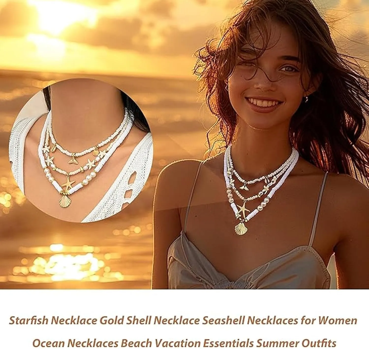 YANCHUN Seashell Necklace for Women Starfish Necklace Layered Sea Shell Charm Necklaces Summer for Women Beach Vacation Essentials Holiday Surfer Jewelry
