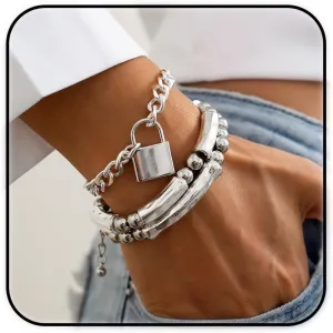 ZMANYIJEW Chunky Silver Bracelet Set for Women Men 3PCS Layered Bracelet Lock Round Chain Bracelet Punk Jewelry
