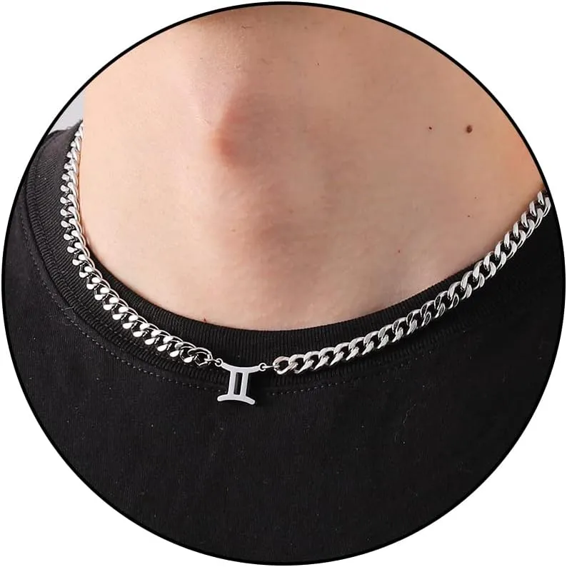 Zodiac Sign Necklace for Men Boys Women, Stainless Steel Constellation Horoscope Astrology Pendant necklace, Cuban chain 18 2 inches